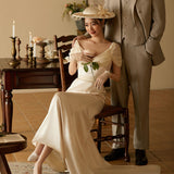 French Light Wedding Dress A Word Of White Retro Simple Thin Fishtail Travel To The Door To Receive The Welcome Yarn Dress HZ0517