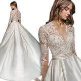 High-End New Wedding Dress Deep V Long Sleeve Temperament Thin Lace Small Tail Court Wedding Dress HZ0517