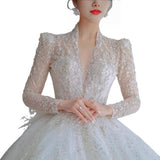 Long-Sleeved Wedding Dress 2026 New Bridal Heavy Industry Big Tail French Small Starry Sky Deep V Court Style Wedding Dress HZ0517