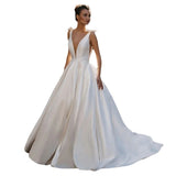 Wedding Temperament Elegant A-Shaped Wedding Dress Bow Sleeveless Bride Sexy V-Necked Bareback New Wedding Dress Lace HZ0517
