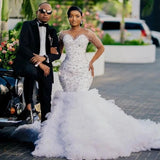 Large-Size Luxury Wedding Dress Bridal Dress African Mermaid Long-Sleeved Bead Lace Pearl HZ0517