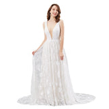 Simple V Collar Sleeveless Lace Pattern White Wedding Dress 2026 New Sexy Self-Scuffy Dress HZ0517