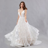 Simple V Collar Sleeveless Lace Pattern White Wedding Dress 2026 New Sexy Self-Scuffy Dress HZ0517