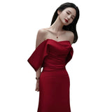 A Toasting Clothes Bride's New Wine Red Shoulder-Sing-Faced Temperament Fishtail Wedding Evening Dress Dress HZ0517