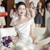 French Light Wedding Dress A Word Shoulder Engagement Dress 2026 New High-End Light Dress Certificate Registration Small White Dress Woman HZ0517