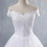 Standing White Wedding Dress Lace Decoer Ball Shoulder Bridal Dress Mid-Siding Wedding Dress HZ0517
