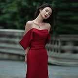 A Toasting Clothes Bride's New Wine Red Shoulder-Sing-Faced Temperament Fishtail Wedding Evening Dress Dress HZ0517