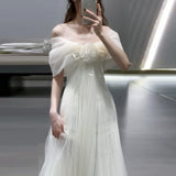 One-Word Shoulder Light Wedding Dress Korean Super Xiansen Bride's Morning Robes Go Out Yarn Light Luxury Thin Dress Dress HZ0517