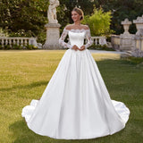 One-Word Shoulder Wedding Dress Long-Sleeved Lace Bridal Prom Temperament Elegant Vertevester Tail White Simplicity HZ0517