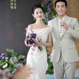French Light Wedding Dress A Word Shoulder Engagement Dress 2026 New High-End Light Dress Certificate Registration Small White Dress Woman HZ0517