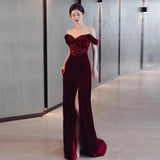 One-Word Shoulder Toasting High-Level Wedding Engagement Dress Light Luxury Small Velvet Banquet Presided Over The Fishtail Dress HZ0517