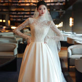 French Light Wedding Dress New Light Luxury Bride's Bridal Fasci Surface Small Tailings Linen Long-Sleeved Lace Yarn HZ0517
