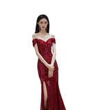 Fishtail Toast Bridal Wine Red Open Fork Engagement Dress Dress Squins Shoulder Host Senior Sense HZ0517