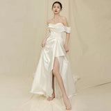 One-Word Shoulder High-End Light Wedding Dress Temperament Light Luxury Bride Wedding Welcome Yarn And Fasci French Wedding Dress Tail HZ0517