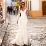 Bride Long-Sleeved Wedding Dress 2026 New Simple Thin Deep V Collar Bare Back Small Tail Shot Soft Yarn Lace Skirt HZ0517