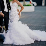 Large-Size Luxury Wedding Dress Bridal Dress African Mermaid Long-Sleeved Bead Lace Pearl HZ0517
