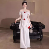 White Evening Dress Sexy Famous Luxury Niche High-End Rose Flower Birthday High-End Feel Dress Adult Ceremony HZ0517