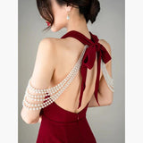 Wine Red Toasting Bride's New Fish Tail Repair Slimy Temperament Bare Back Sexy Hanging Neck Dress Texture Marriage HZ0517