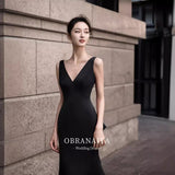 New V-Necked Denswear Black Evening Dress Light Luxury Niche Maid Temperament Fishtail Banquet Annual Meeting Presided Over The Dress HZ0517