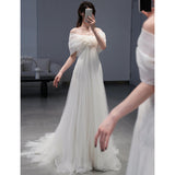 One-Word Shoulder Light Wedding Dress Korean Super Xiansen Bride's Morning Robes Go Out Yarn Light Luxury Thin Dress Dress HZ0517