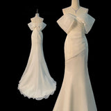 One-Word Shoulder-Sense-Wearing Light Wedding Dress New Fishtail High-End Feeling Small Tail Bride Goes Out Yarn Wedding Dress Woman HZ0517