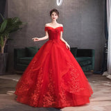 One-Word Shoulder Red Wedding Dress New Dress Together With The Thin Bride Fluffy Skirt Wedding Dress Wedding Dress Chinese High Sense HZ0517