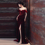 One-Word Shoulder Toasting High-Level Wedding Engagement Dress Light Luxury Small Velvet Banquet Presided Over The Fishtail Dress HZ0517