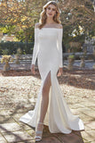 One-Word Shoulder-To-Shoulder Dress Tailed Long Sleeves Slimning Simple White Birthday Party Fishtail Dress Dress Woman HZ0517