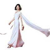 Banquet Evening Dress Female 2026 New White Host Dress Simple Generous Long Body Temperament Dress HZ0517