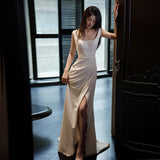 French-Style Seduced Light Wedding Dress Bride Senior Sense Small Simple Sen Tie Slings Go Out Yarn Fishtail White Dress Dress HZ0517