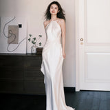 Hanging Neck Light Wedding Dress Thin Fish Tail Small Tail Bridal Certificate Registration Super Fairy Go Out Yarn White Dress Morning Robe Yarn HZ0517