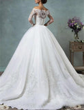 2026 Spring New Wedding Dress Sexy Lace Word Shoulder Long Sleeve Tail Wedding Dress HZ0517