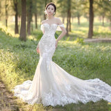 One-Word Shoulder Fishtail Wedding Dress 2026 New French Lace Niche Travel Temperament Evening Dress HZ0517