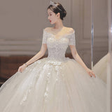 Light Wedding Dress 2026 New Word Shoulder Bridal Thin Short Sleeves Drag-Tailed Temperament Princess Mori Wedding Dress HZ0517