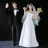 One-Word Shoulder Light Wedding Dress Senior Sense Of The Densified Bride Engagement Welcome Yarn Simple Thin Travel Shoot Summer HZ0517