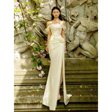 French White Light Wedding Dress Shoulder Flower Dress Slim Thin Banquet Dress Long Dress HZ0517