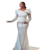 Sparkling African Mermaid Wedding Dress Long-Sleeved Lace Shiny Bridal Dress For Black Girls HZ0517