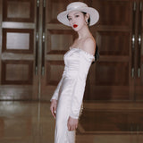 One-Word Shoulder-Sand-Socket French Light Wedding Dress Simple White Thin Fish Tail Long Sleeve 2025 New Banquet Dress HZ0517