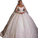 New African Wedding Dress Complexion Lace Long-Sleeved High-Waisted Diamond 3D Three-Dimensional Flower Bridal Wedding Dress HZ0517