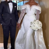 New Wedding Dress Grid Shoulder-Squining Long-Sleeved Heavy Industry Tail Bride Main Yarn Wedding Party HZ0517