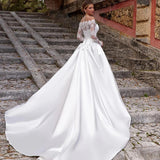 One-Word Shoulder Wedding Dress Long-Sleeved Lace Bridal Prom Temperament Elegant Vertevester Tail White Simplicity HZ0517