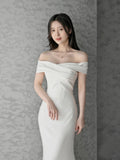 New Steven White Shoulder Evening Dress Engagement Toast Banquet Annual Fish Tail Light Wedding Dress Yarn HZ0517