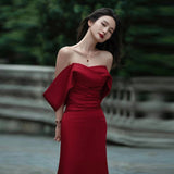 A Toasting Clothes Bride's New Wine Red Shoulder-Sing-Faced Temperament Fishtail Wedding Evening Dress Dress HZ0517