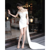 West Queen's Light Wedding Dress Short Simple White One-Word Shoulder Welcome Yarn Bridal Registration Dress Can Be Worn Daily HZ0517