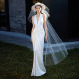 French Light Wedding Dress Bride Simple Temperament Of The Fascling Stern V. Collar Pat The Yarn White Hanging Neck-Lout Dress HZ0517