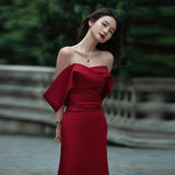 A Toasting Clothes Bride's New Wine Red Shoulder-Sing-Faced Temperament Fishtail Wedding Evening Dress Dress HZ0517