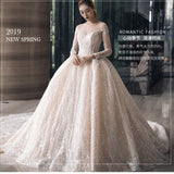 2026 New Bridal Mesh Large Tug Tail Bright Silk Yarn Splicing A Word Shoulder Long Sleeves And Bare Back Wedding Dress HZ0517
