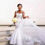 New Wedding Dress Lace Fishtail Sexy Sling Shoulder Size Bridal Dress Heavy Industry Drag Tail Main Yarn Africa HZ0517