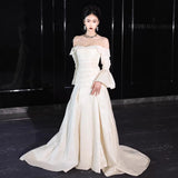 French-Style Densinted Light Wedding Dress Bride Simply Covered The Ancient Long-Sleeved Small Habitat Forest Style Yarn One-Shoulder-Tail Dress HZ0517