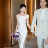 French Light Wedding Dress A Word Shoulder Engagement Dress 2026 New High-End Light Dress Certificate Registration Small White Dress Woman HZ0517